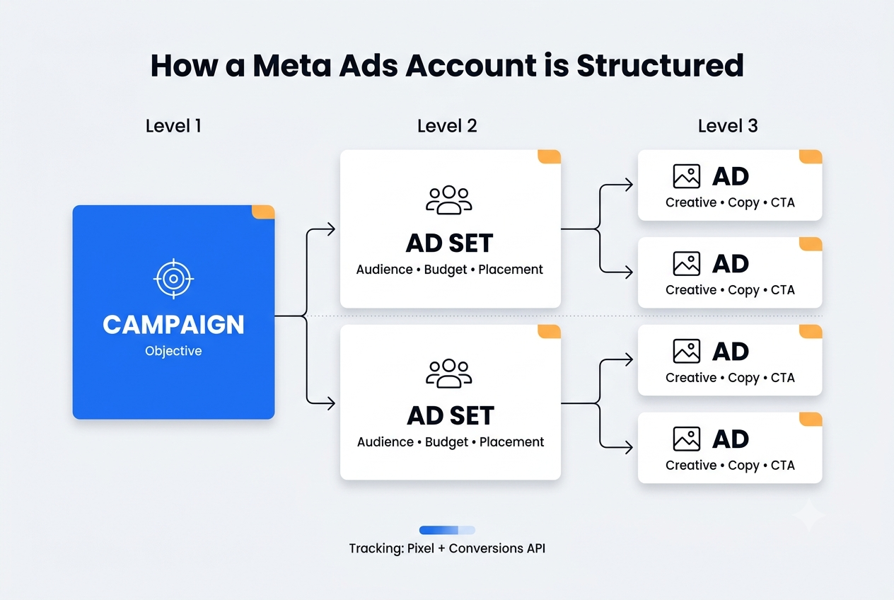 Meta Ads account structure diagram showing campaign objective, ad sets with audience, budget and placement, and ads with creative, copy and CTA