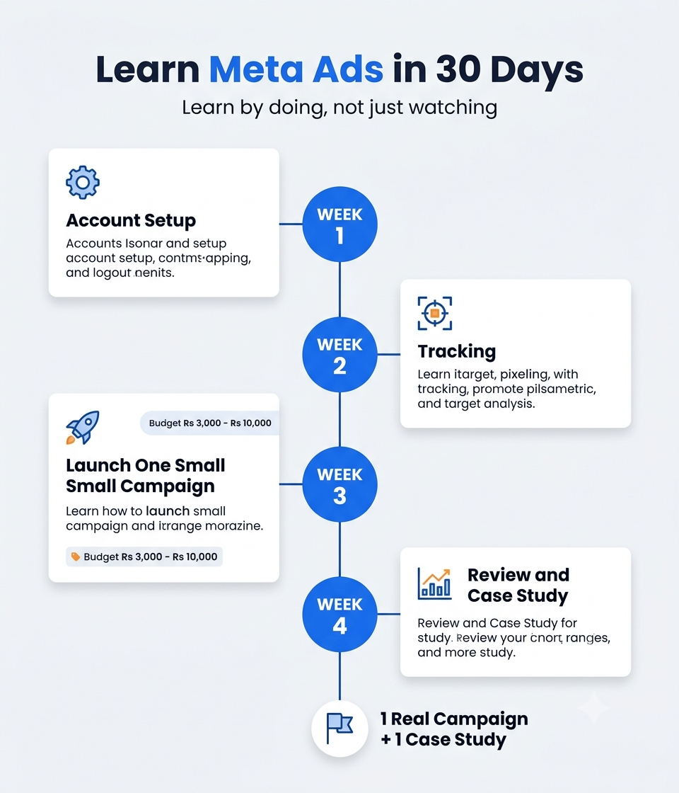 Learn Meta Ads in 30 days week-by-week plan: account setup, tracking, launching one small campaign and review with a case study