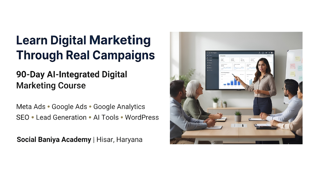 90-Day AI-Integrated Digital Marketing Course in Hisar, Haryana Social Baniya Academy 90-day AI-integrated digital marketing course in Hisar, Haryana with trainer teaching Meta Ads and Google Analytics