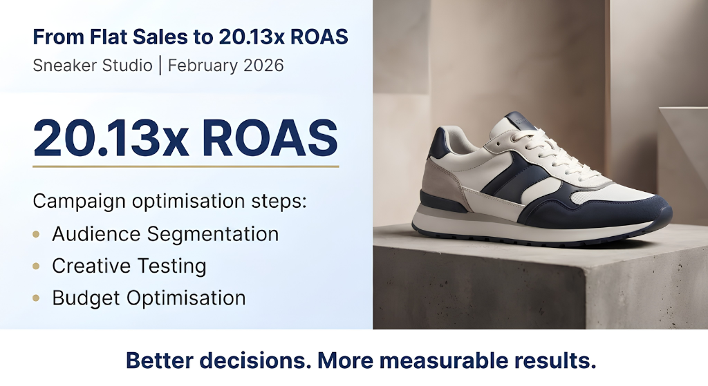 Sneaker Studio Case Study: 20.13x ROAS with Meta Ads Optimisation Sneaker Studio case study showing 20.13x ROAS through audience segmentation, creative testing and budget optimisation