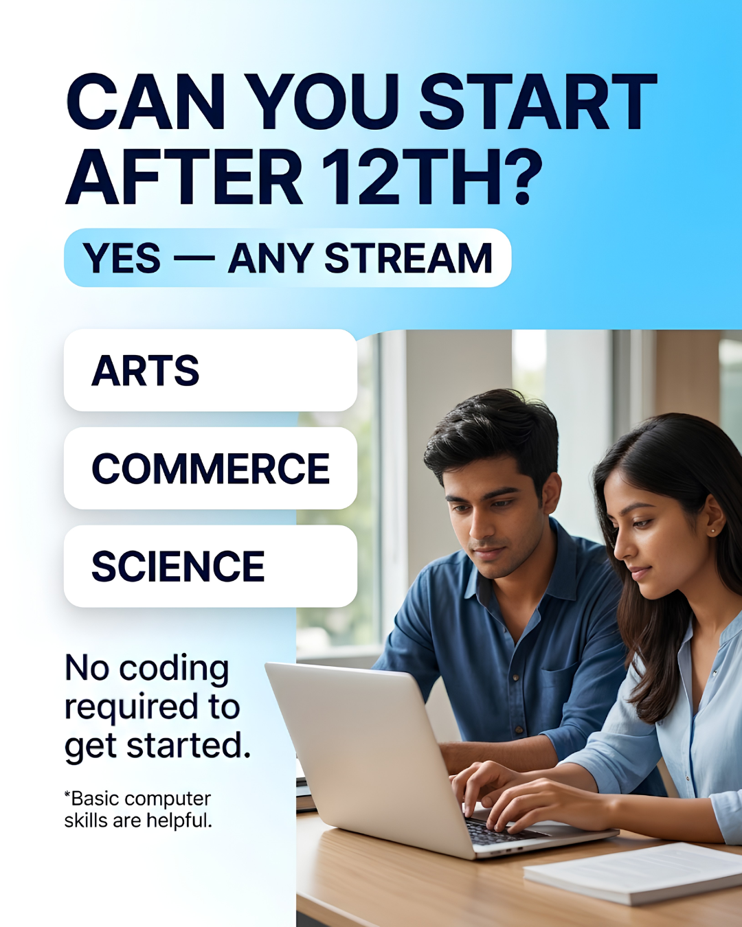 Digital Marketing After 12th: Any Stream Eligible | Social Baniya Academy Digital marketing course after 12th open to Arts, Commerce and Science students, no coding required