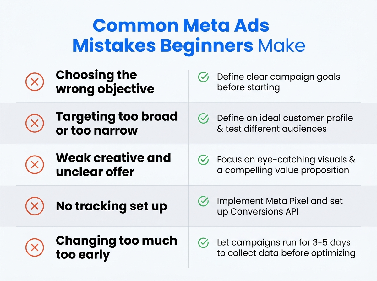 Common Meta Ads mistakes beginners make and fixes: wrong objective, poor targeting, weak creative, no tracking and changing campaigns too early