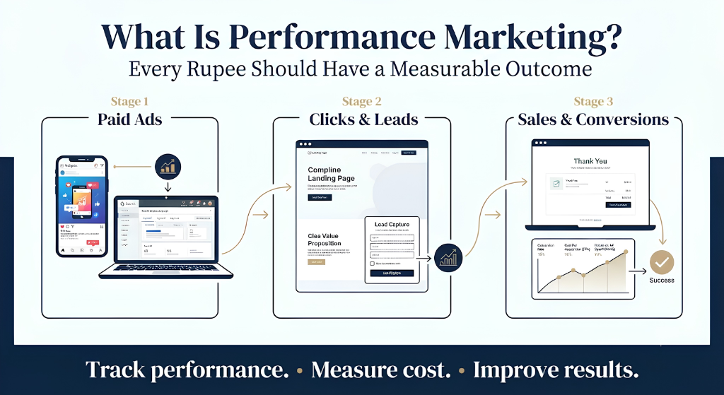 What Is Performance Marketing? Paid Ads to Measurable Conversions What is performance marketing: 3-stage flow from paid ads to clicks and leads to sales and conversions with measurable outcomes