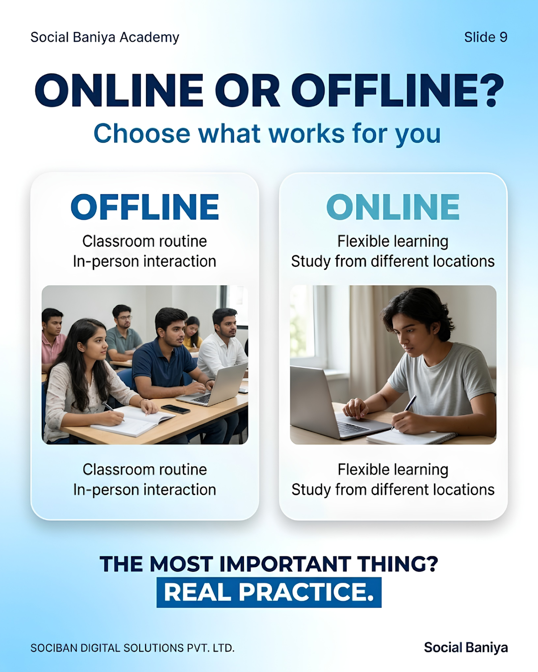 Online vs Offline Digital Marketing Course: Which to Choose? | Social Baniya Academy Online vs offline digital marketing course comparison: classroom routine versus flexible online learning