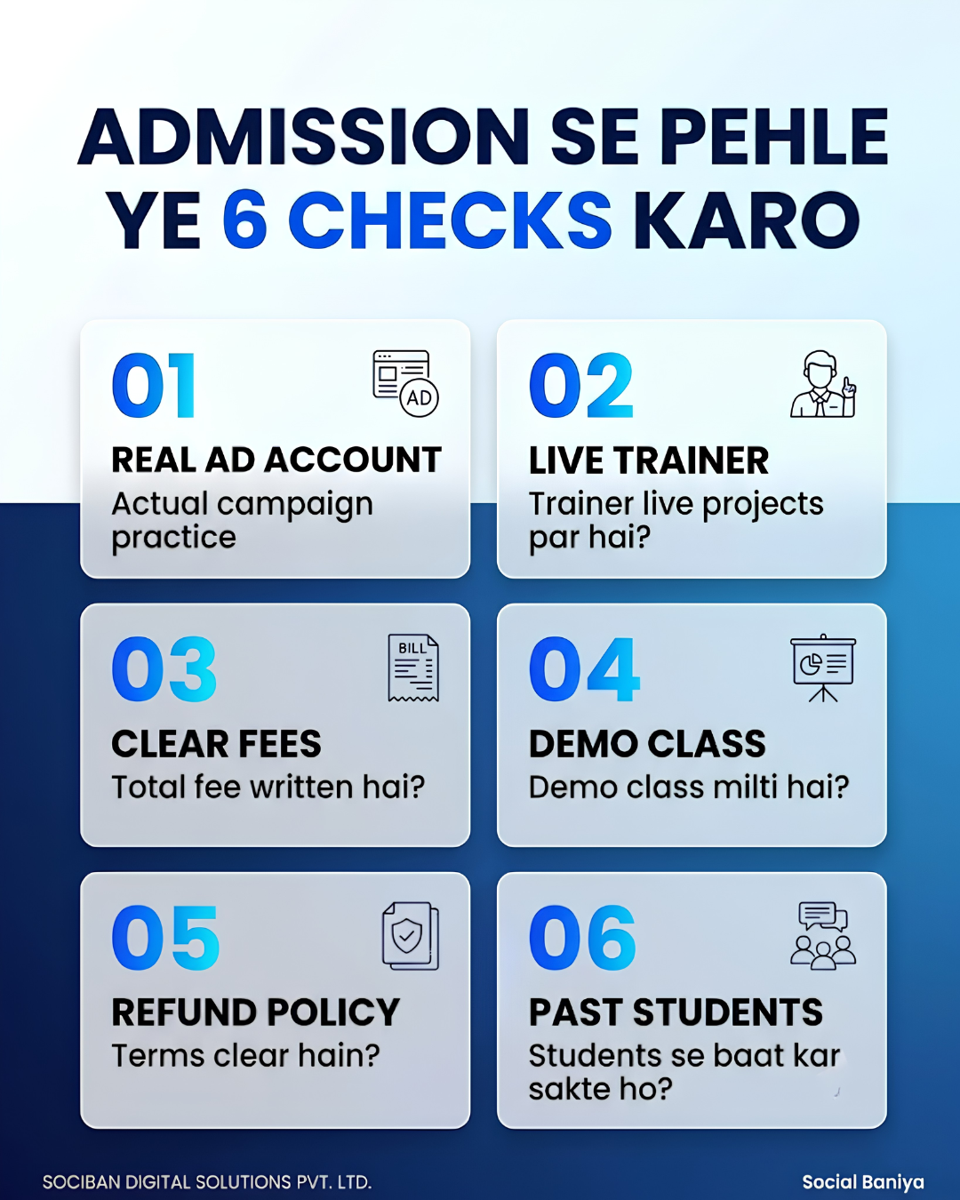 Admission Se Pehle 6 Checks: Digital Marketing Institute Checklist 6 checks before digital marketing course admission: real ad account, live trainer, clear fees, demo class, refund policy and past students