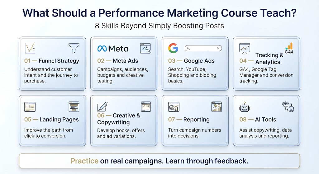What Should a Performance Marketing Course Teach? 8 Key Skills 8 skills a performance marketing course should teach: funnel strategy, Meta Ads, Google Ads, GA4 tracking, landing pages, copywriting, reporting and AI tools