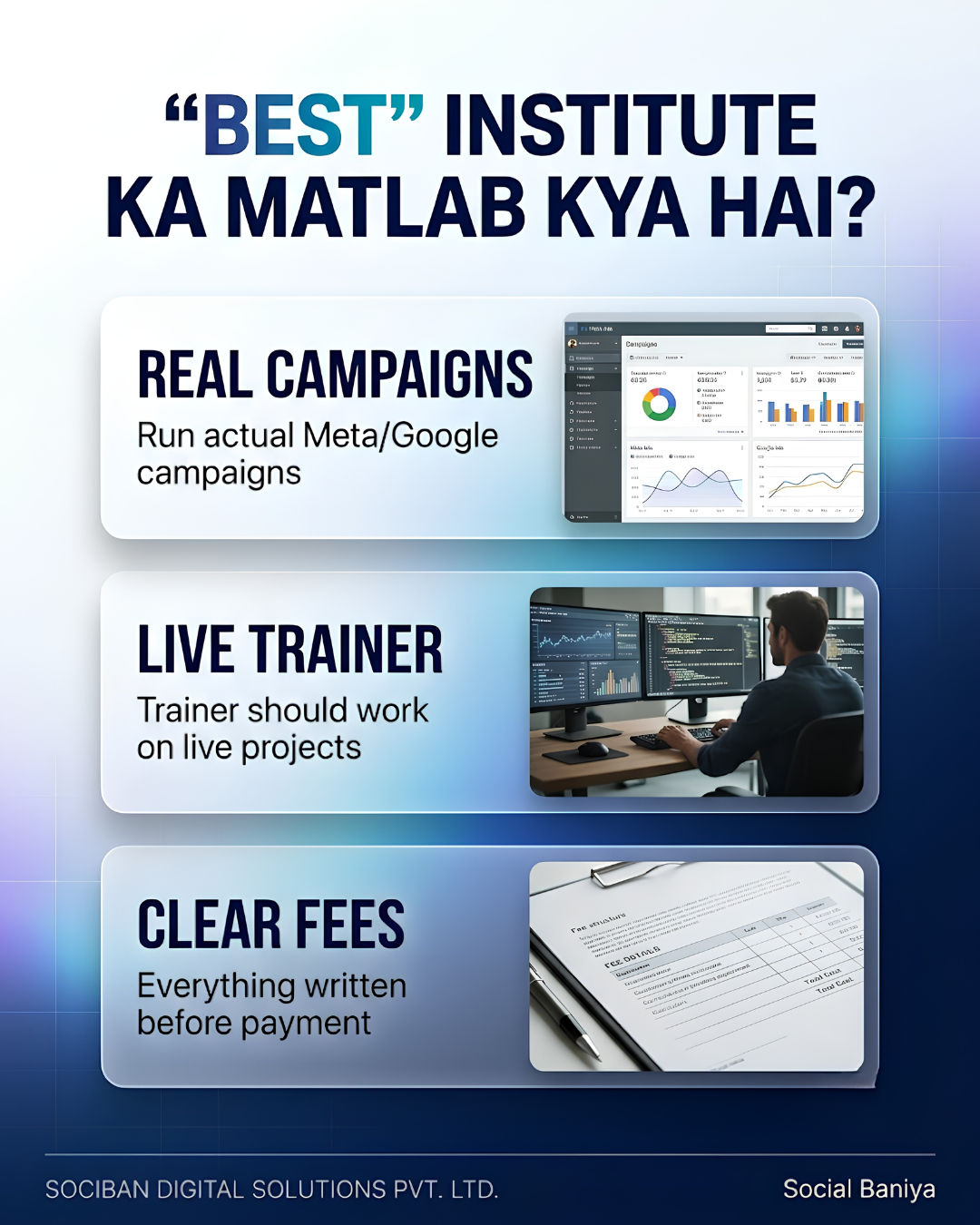 “Best” Digital Marketing Institute Ka Matlab Kya Hai? 3 Things to Check What makes a best digital marketing institute: real Meta and Google campaigns, live trainer on live projects and clear fees written before payment