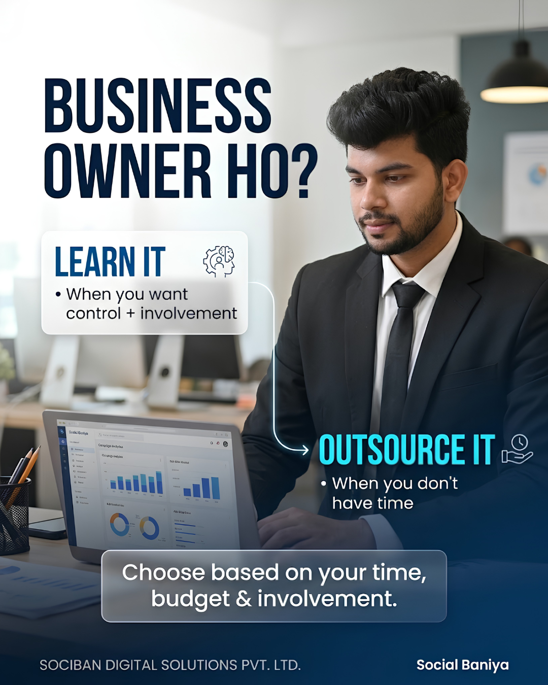 Business Owner: Learn Digital Marketing Yourself or Outsource It? Business owner deciding to learn digital marketing for control or outsource it when short on time, based on time, budget and involvement