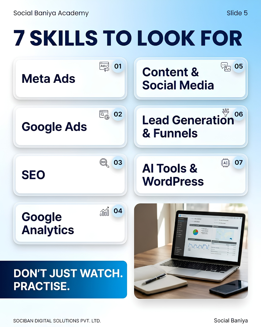 7 Skills to Look for in a Digital Marketing Course | Social Baniya Academy 7 digital marketing skills to learn: Meta Ads, Google Ads, SEO, Analytics, Content, Lead Generation, AI Tools