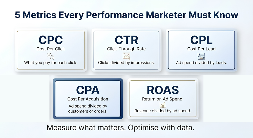 5 Performance Marketing Metrics Every Marketer Must Know 5 essential performance marketing metrics infographic: CPC, CTR, CPL, CPA and ROAS with simple definitions