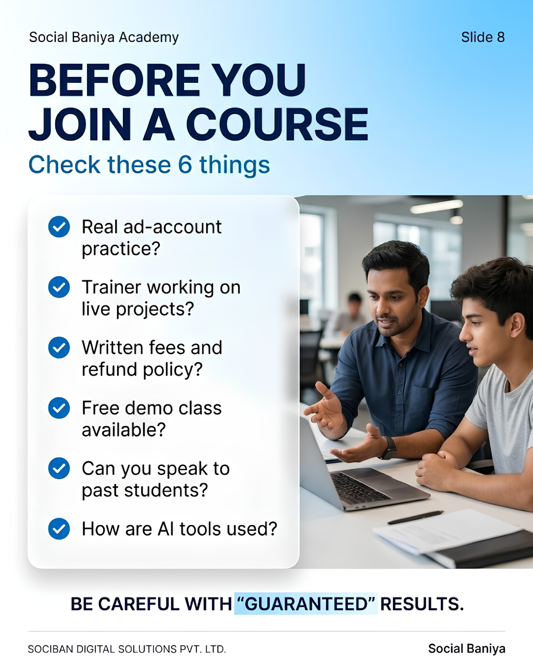 6 Things to Check Before Joining a Digital Marketing Course | Social Baniya 6 things to check before joining a digital marketing course: ad account, trainer, fees, refund, demo class
